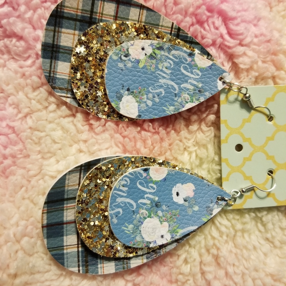 3/$10  3 in blue plaid thank you earrings